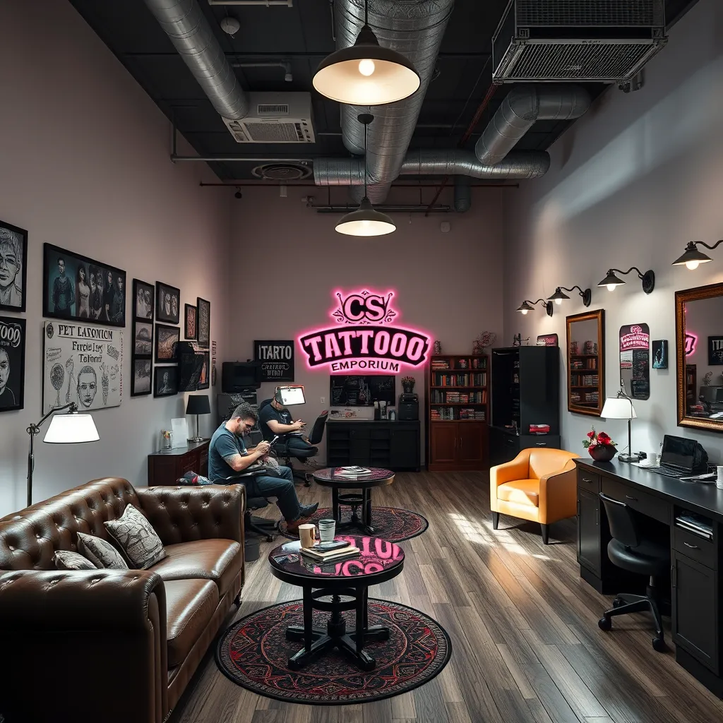 A photo of the interior of CS Tattoo Emporium. The studio is well-lit and spacious, with clean, modern furniture and equipment. There are two tattoo artists working on clients, and the atmosphere is relaxed and friendly.