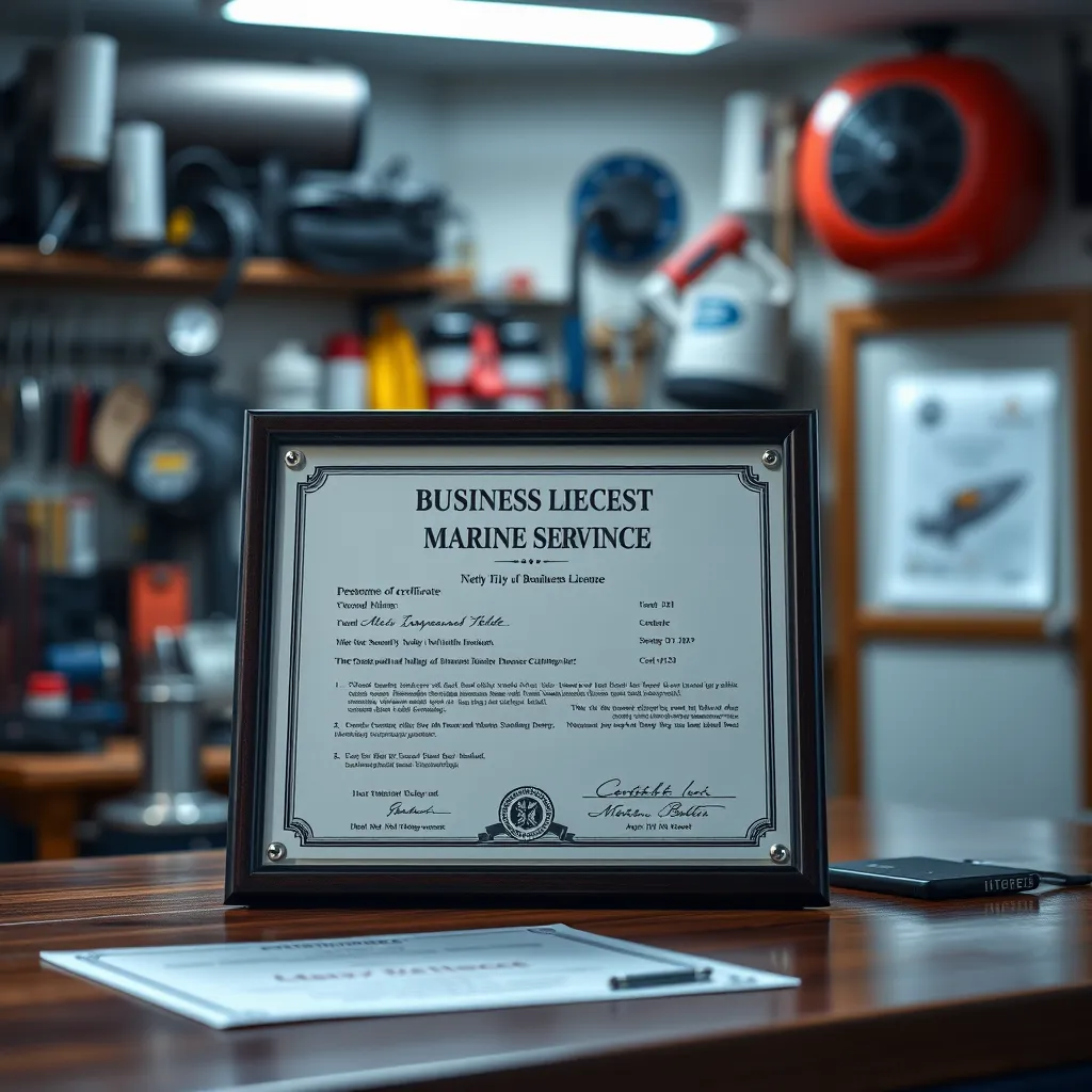 A photorealistic depiction of a certificate of insurance and business license displayed on a desk in a marine service shop. The scene includes marine tools in the background, highlighting professionalism and trustworthiness.
