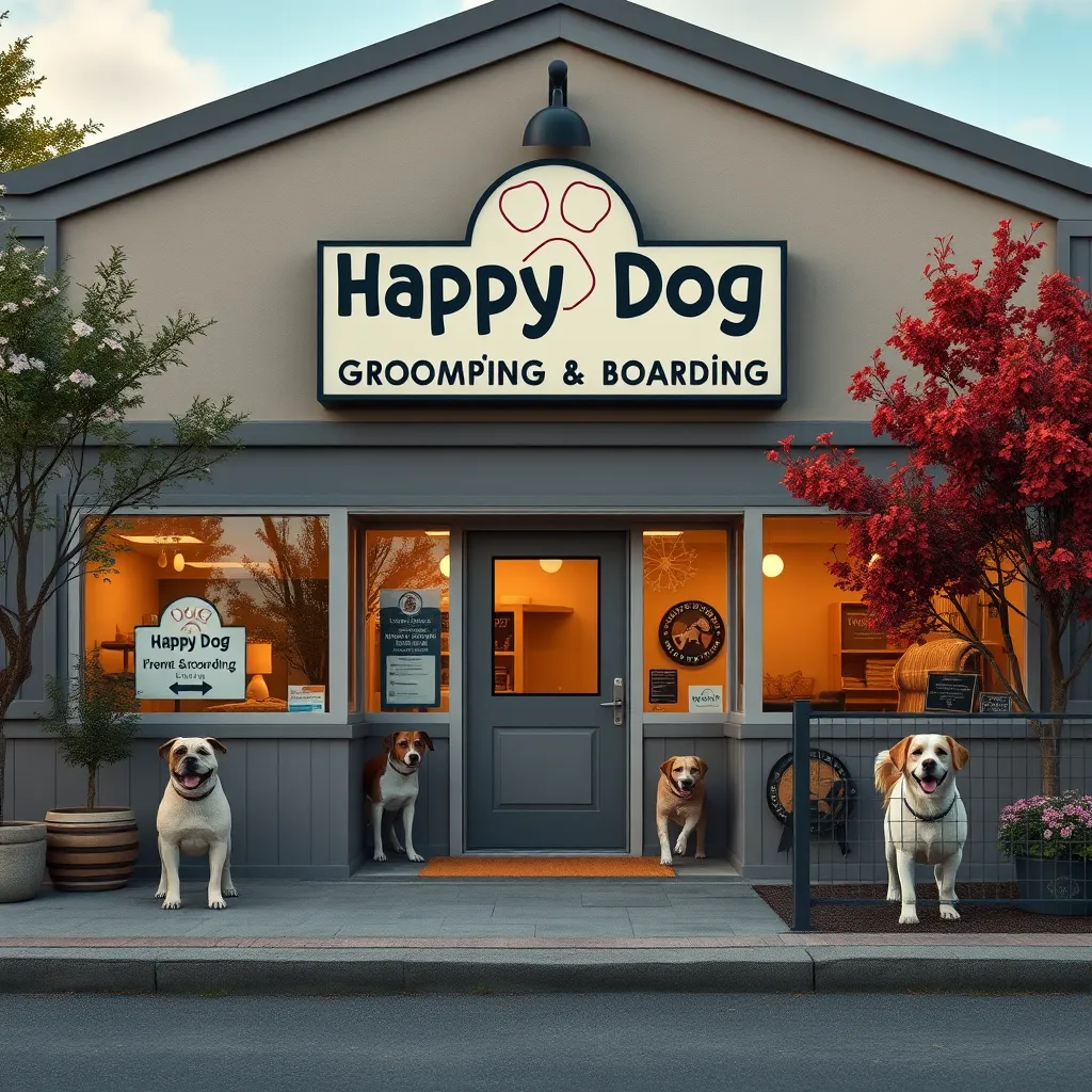 A photorealistic exterior view of a dog grooming and boarding facility, featuring a welcoming, well-kept entrance, a sign that reads 'Happy Dog K9 Grooming & Boarding', and happy dogs playing in a fenced area outside, surrounded by trees and flowers.