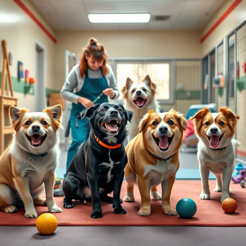 A photorealistic image depicting four playful dogs of different breeds having fun together in a brightly lit dog play area with toys and soft mats, while a groomer tends to one dog, showcasing interaction, joy, and a sense of community among the pets.