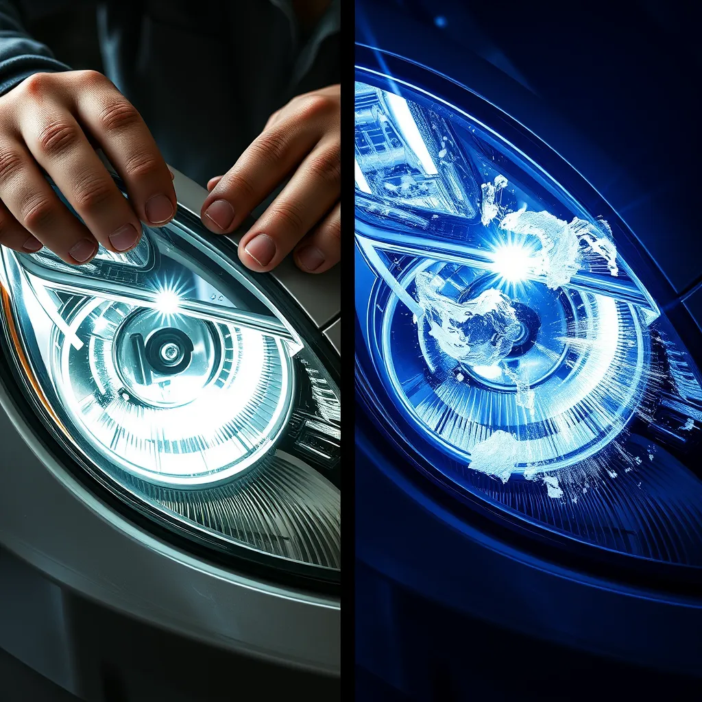 A photorealistic image featuring a close-up of a technician restoring a car's headlight. The before and after comparison clearly shows the difference, with a bright, polished headlight on one side and a cloudy, dull one on the other, showcasing the transformation.