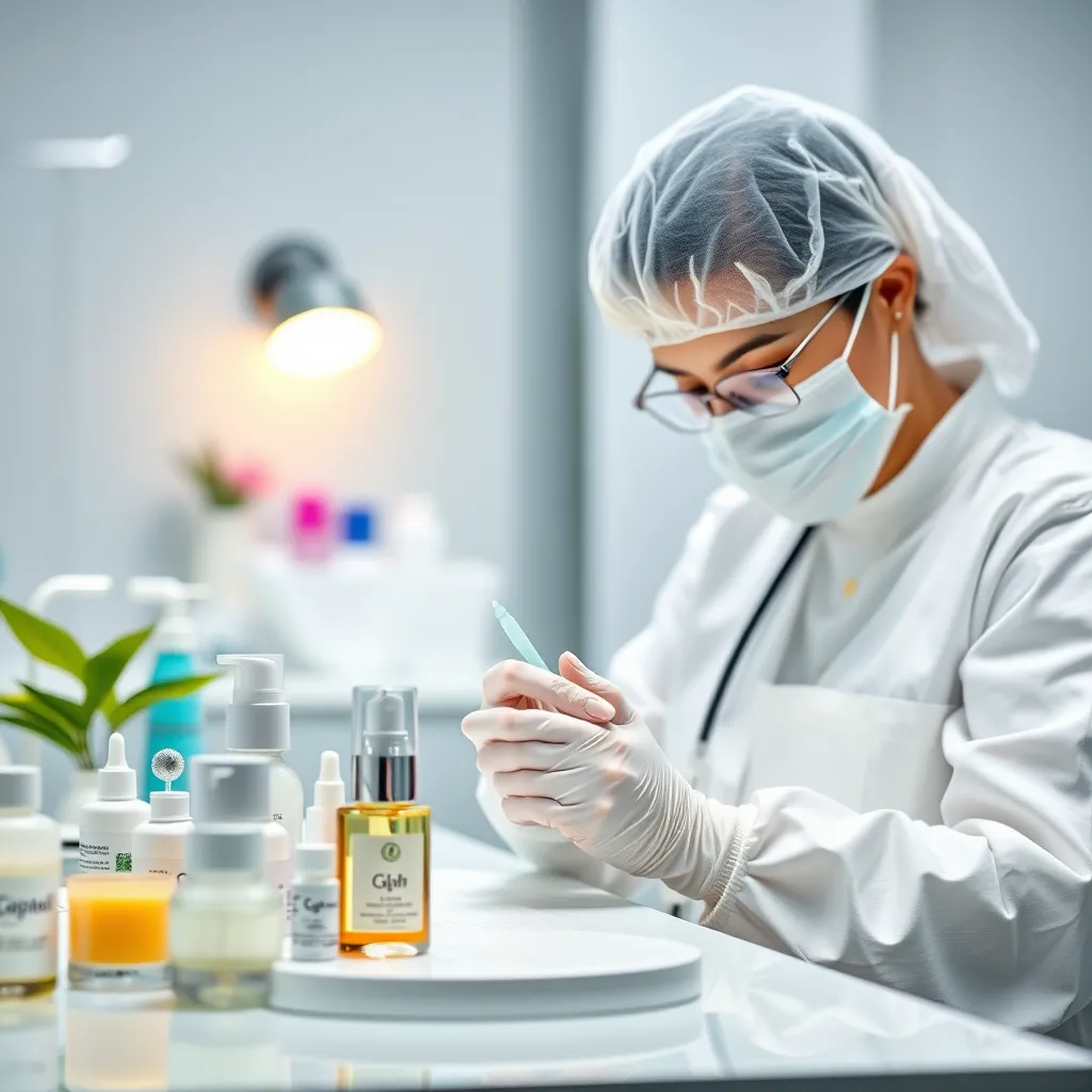 A photorealistic image featuring a close-up of high-quality, eco-friendly nail products, a serene atmosphere indicating cleanliness and safety, and a licensed technician demonstrating proper sanitary practices in a well-equipped manicure setup.