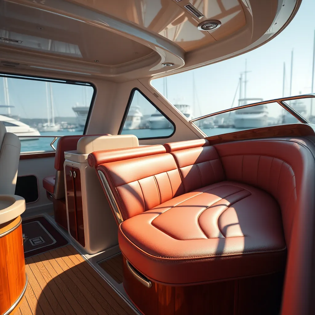A photorealistic image of a beautifully restored boat interior, showcasing new, luxurious upholstery with vibrant colors and intricate stitching. The focus should be on the seating area, emphasizing comfort and style, with sunlight reflecting off the marine environment outside.