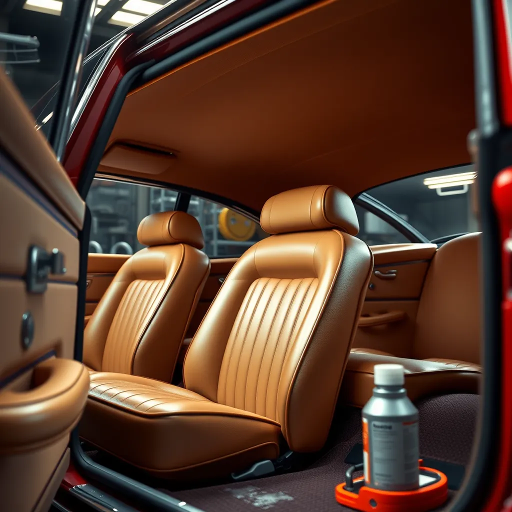 A photorealistic image of a beautifully detailed classic car interior, showcasing freshly upholstered door panels and seats. The workspace is well-lit, with cleaning supplies and detailing tools visible, illustrating a meticulous cleaning process.