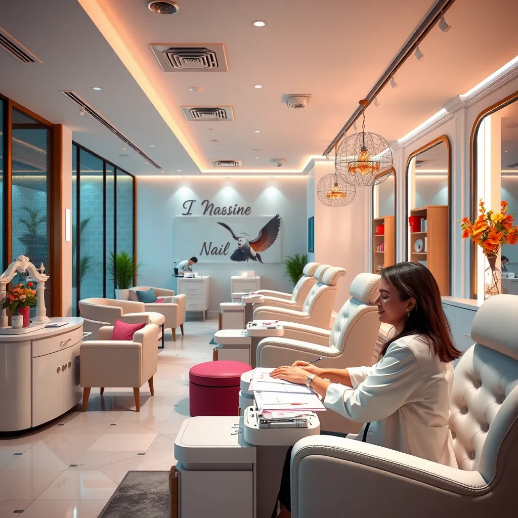 A photorealistic image of a bright and welcoming nail salon interior featuring elegant nail stations, plush seating, and a professional nail technician providing a manicure to a happy client, with soft lighting and vibrant decor elements.