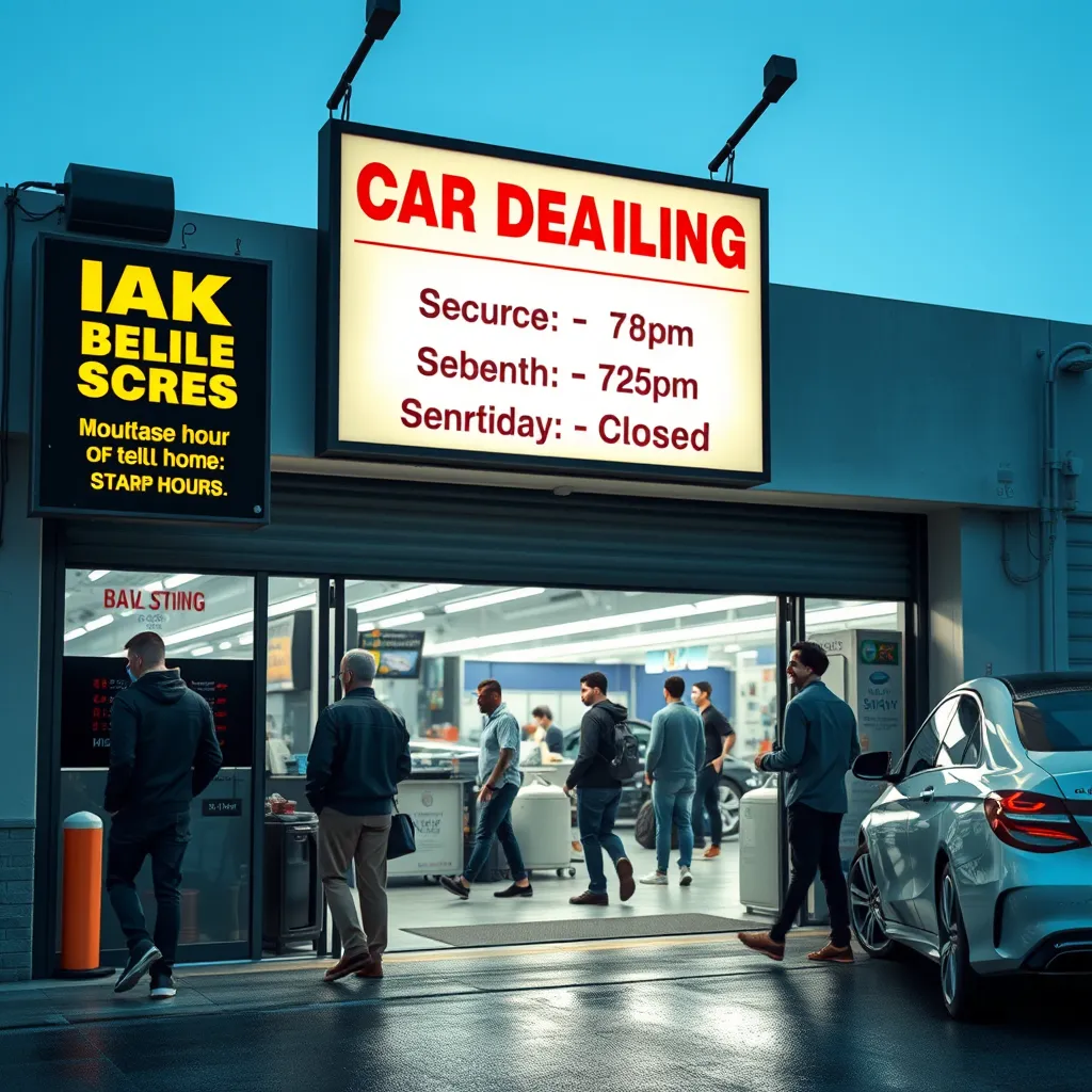A photorealistic image of a car detailing shop's entrance. A signboard displays the business hours: Monday-Friday 8am-7pm, Saturday 8am-2pm, Sunday & Holidays: Closed. Customers are seen arriving and departing, showing the busyness of the shop during operational hours.