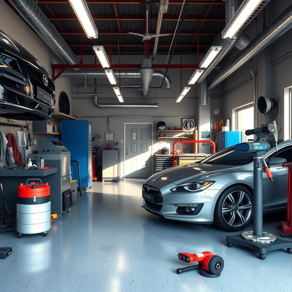 A photorealistic image of a car detailing shop interior, showing various tools and equipment. The image should highlight the different services offered by CS Car Detailing, such as bumper repairs, wheel repairs, headlight restoration, dent repairs, and buff and polish.  Show various tools and equipment used in the services, such as paint sprayers, sanding tools, buffing machines, and dent repair tools.