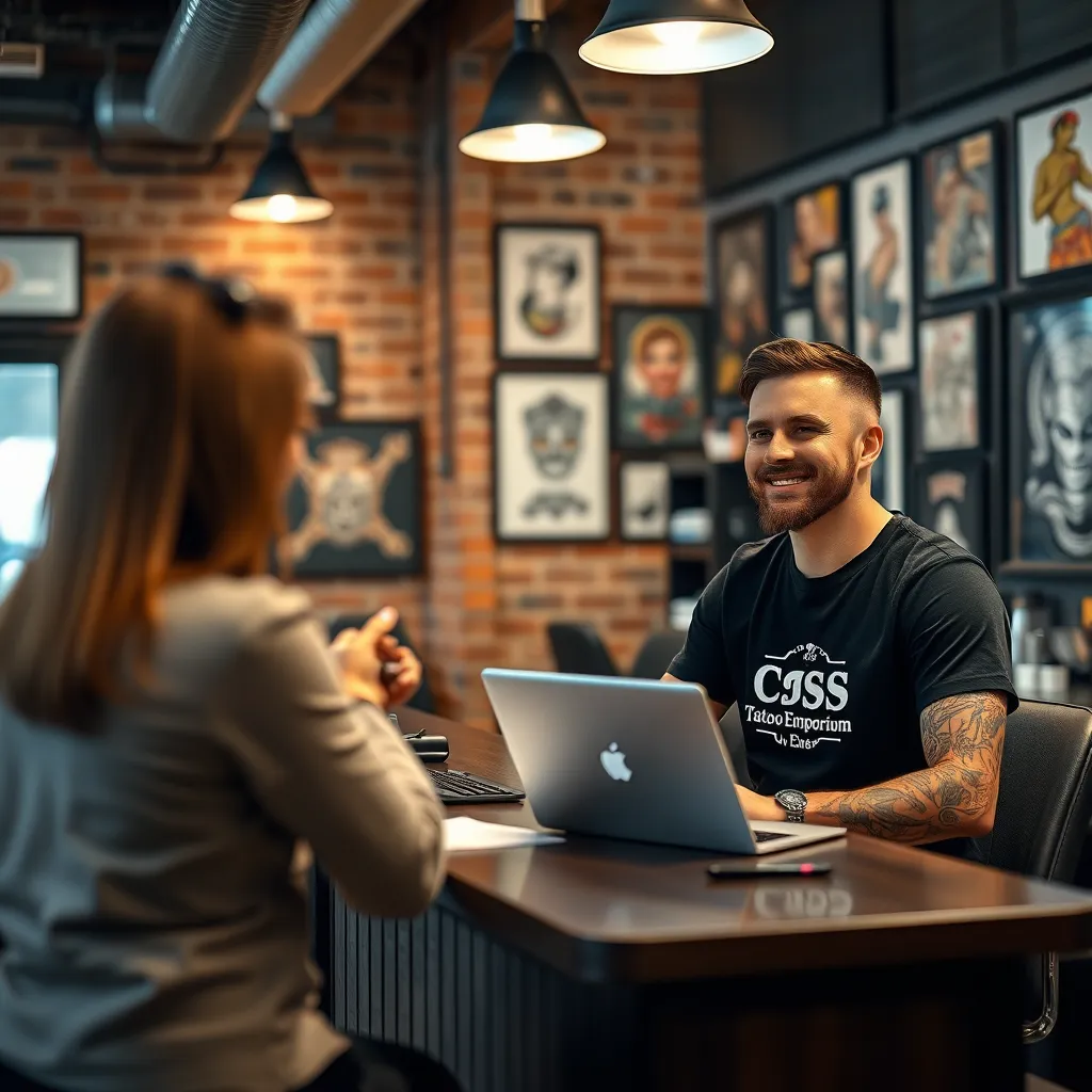 A photorealistic image of a clean, modern, and inviting tattoo studio reception area. The image should focus on a friendly, smiling tattoo artist sitting at a desk, welcoming a client with a warm smile. The desk should be neatly organized with a laptop, a notepad, and a pen. The artist should be wearing a clean, black t-shirt with the CS Tattoo Emporium logo on the front. The lighting should be soft and diffused, creating a welcoming atmosphere. The background should feature exposed brick walls, wooden beams, and various tattoo art prints and framed photos, giving the studio a cool, industrial chic vibe. The image should be captured in high-resolution, with a 35mm lens, and should have a shallow depth of field, blurring the background for a focus on the artist and client interaction. Include vibrant colors and subtle textures to enhance the realism of the image.