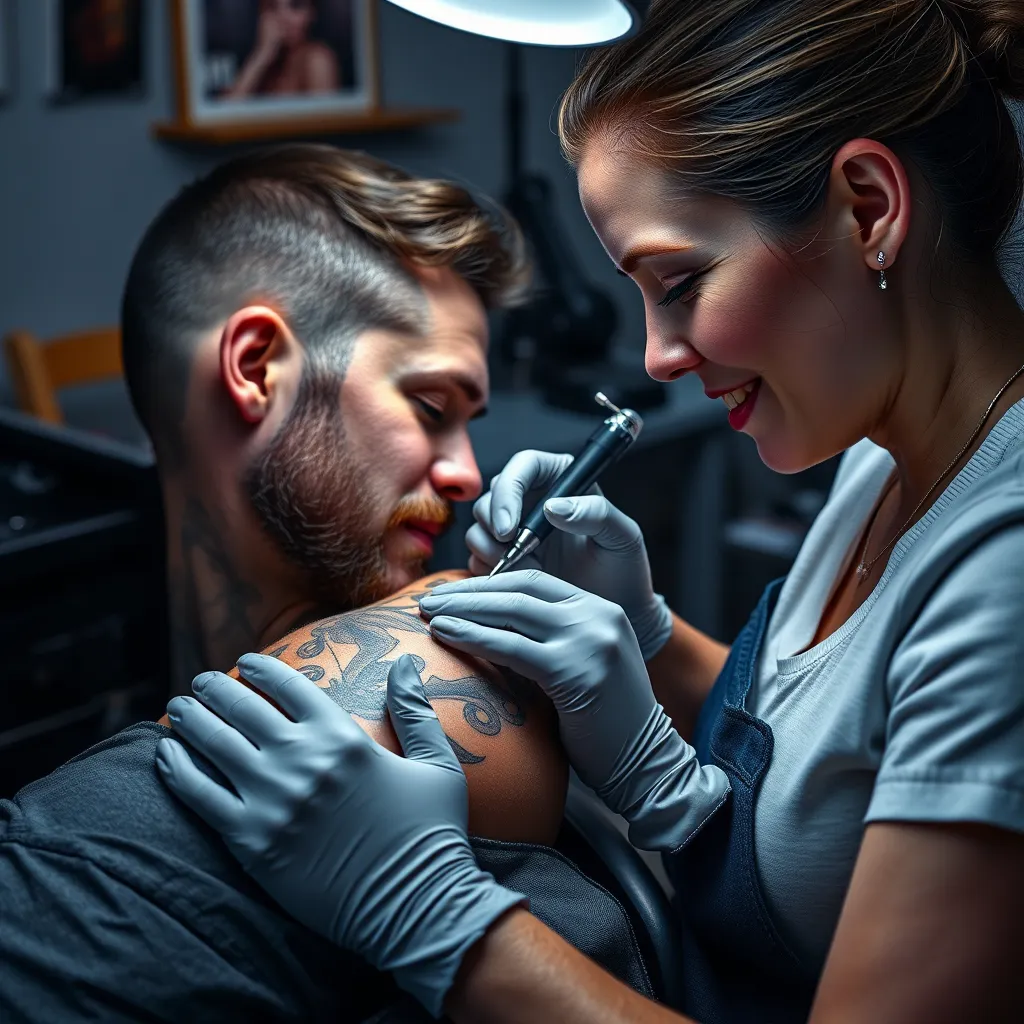 A photorealistic image of a client receiving a tattoo from Lucy Parker in a studio setting. Focus on the detail of the tattoo design being created, highlighting the precision and artistry involved. The image should capture the client's satisfaction and the connection between artist and client.