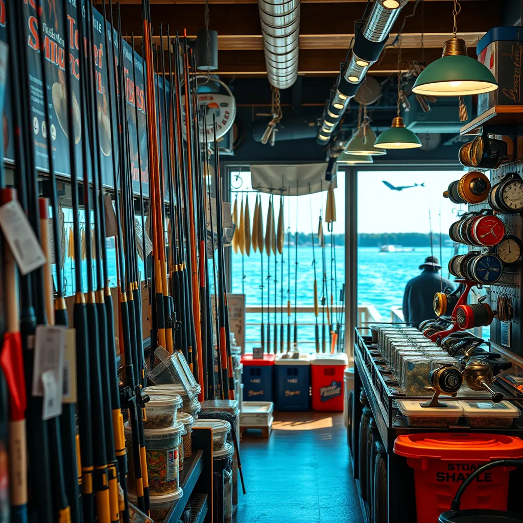 A photorealistic image of a display in a marina store focused on fishing gear. Showcase an array of fishing rods, reels, bait containers, and fishing licenses. Include a fishing-themed backdrop, with natural lighting filtering in, creating a vivid, engaging atmosphere.