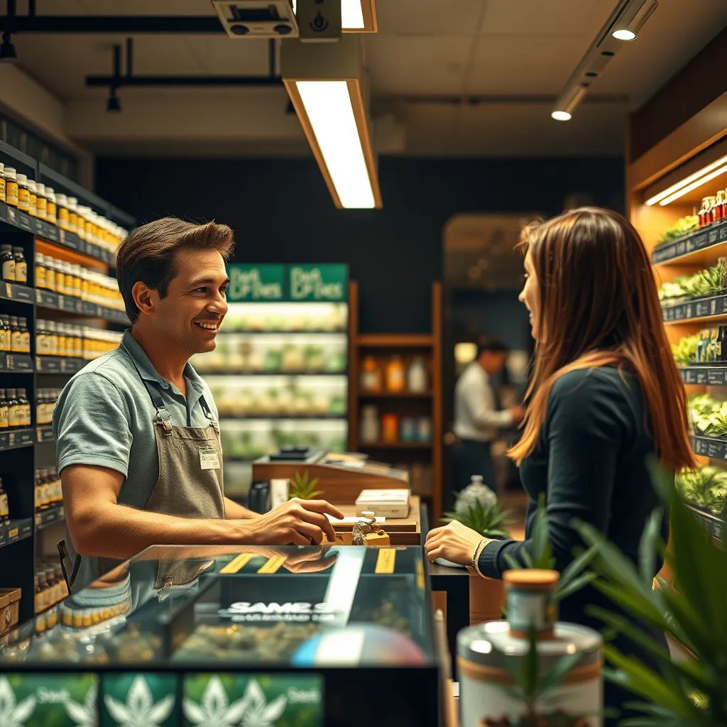 A photorealistic image of a friendly staff member assisting a customer in a cannabis store. The staff member is displaying a variety of products while engaging in a conversation. The store interior is warm and welcoming, enhancing the customer experience.