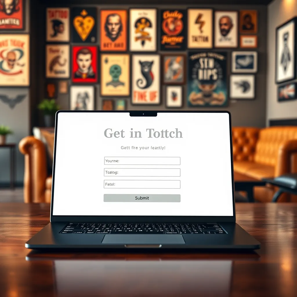 A photorealistic image of a modern, minimalist contact form on a sleek, black laptop screen.  The laptop should be positioned on a polished wooden table, set against a background of the tattoo studio's waiting area.  The background should feature a curated collection of vintage tattoo art posters and framed photos, along with a comfortable leather couch and a sleek coffee table, creating a vibrant and stylish setting. The contact form should include a clear and concise headline, inviting the viewer to “Get in Touch.” The input fields should be easy to read and user-friendly, with a prominent “Submit” button. The image should be captured in a soft, diffused lighting, creating a sense of intimacy and professionalism. The overall style should be clean, contemporary, and inviting, reflecting the studio’s commitment to providing a welcoming and professional experience for its clients.