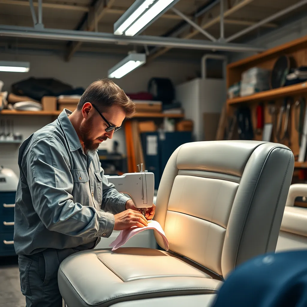 A photorealistic image of a skilled technician working on a boat's upholstery in a well-lit workshop. The technician is sewing marine vinyl fabric onto a boat seat, with tools and high-quality materials like Sunbrella and YKK fasteners visible in the background.