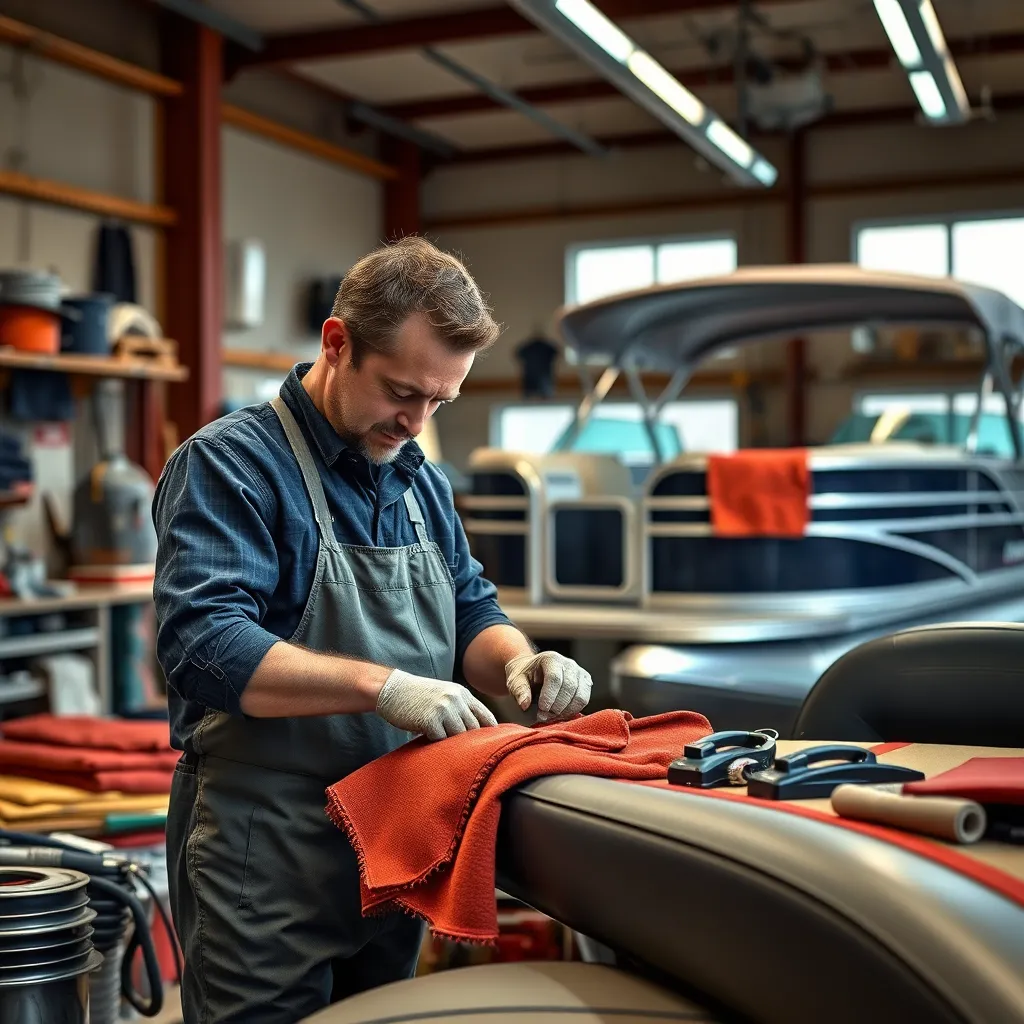 A photorealistic image of a skilled technician at Crestwave Boat Services working on boat upholstery, showcasing colorful materials and equipment in a well-lit workshop with a pontoon boat in the background. Emphasize details in the upholstery work for a professional look.