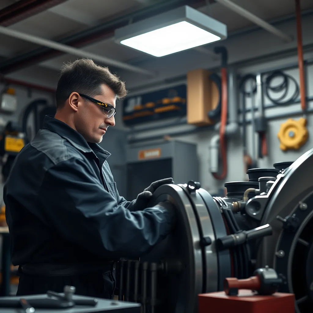 A photorealistic image of a skilled marine technician working on a boat engine in a well-equipped workshop. The technician, wearing a uniform and safety goggles, inspects a large marine engine, with tools scattered around and a bright overhead light illuminating the scene.