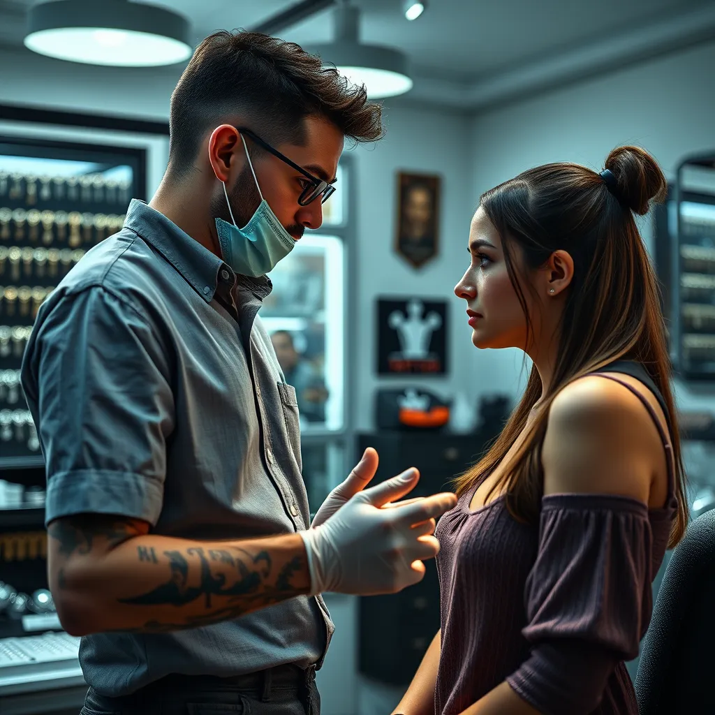A photorealistic image of a tattoo studio interior with a piercer in the foreground, explaining the piercing process to a client. The studio should have a clean and modern aesthetic with various piercing jewelry displayed. The client should be leaning forward with an interested expression, creating a sense of trust and confidence in the piercer's expertise.