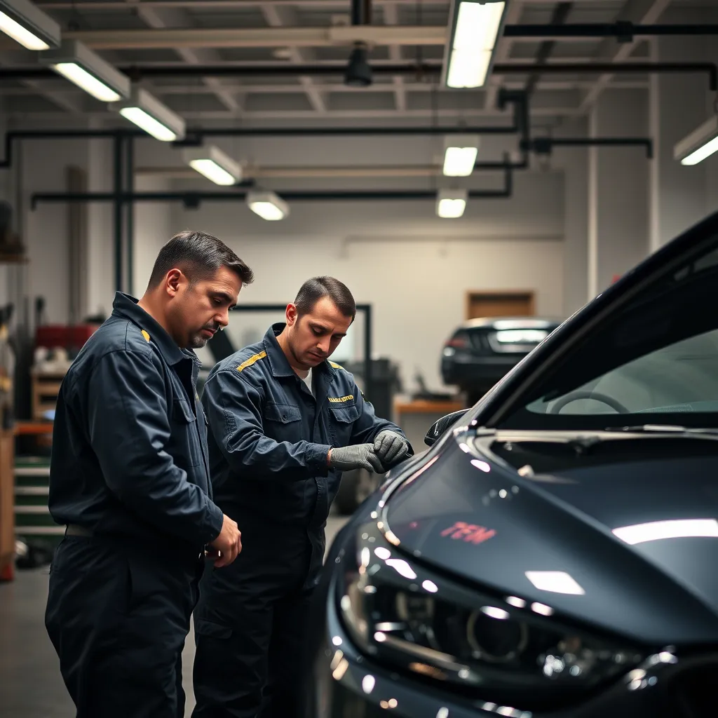 A photorealistic image of a team of mechanics working on a car in a well-lit garage. The mechanics should be wearing uniforms and appear professional and skilled. The image should convey the idea of a team of experienced professionals dedicated to providing quality car care services.