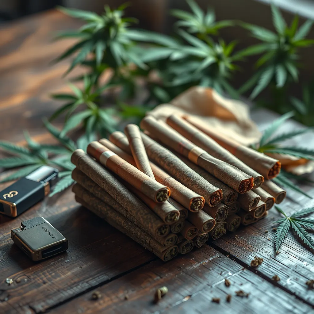 A photorealistic image of a variety of pre-rolled cannabis joints displayed beautifully on a rustic wooden table, surrounded by cannabis leaves, a lighter, and rolling papers in a softly lit environment, emphasizing the quality and freshness of the products.