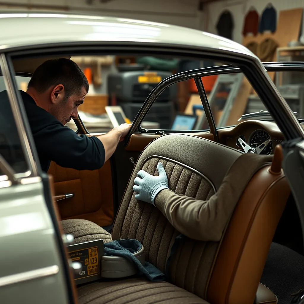 A photorealistic image of a vintage car interior being restored, highlighting a skilled technician reupholstering the door panel with premium material. The workshop is bright, showcasing tools and fabric swatches, and the classic car shines in the background.