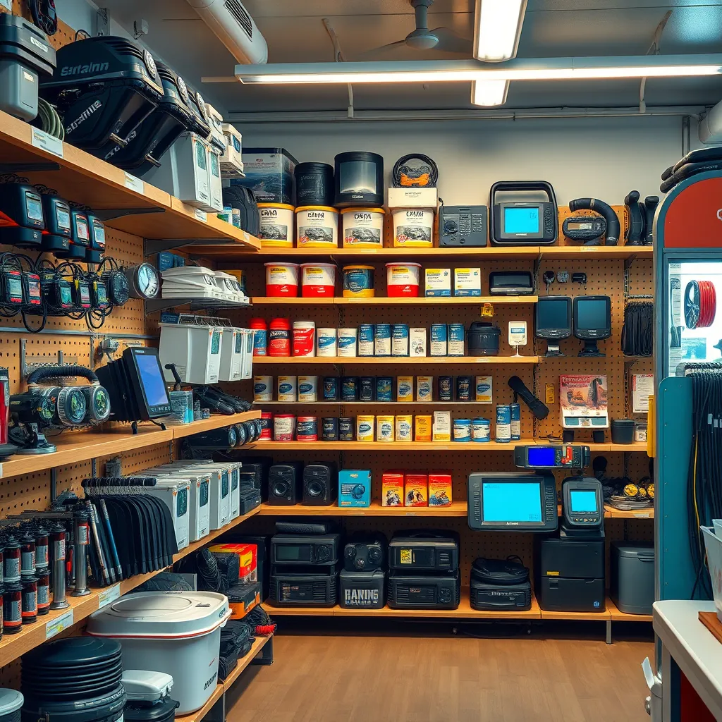 A photorealistic image of a well-stocked marina store section featuring various marine equipment like engine parts, navigation systems, and fuel management devices. The shelf displays organized items, showcasing a bright and inviting store atmosphere with warm lighting.