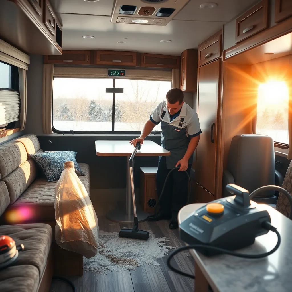 A photorealistic image of an RV interior showing a technician deep cleaning the dinette area, with equipment such as a vacuum and steam cleaner around. Sunlight streams through the windows, highlighting the dirt being removed, emphasizing cleanliness and attention to detail.