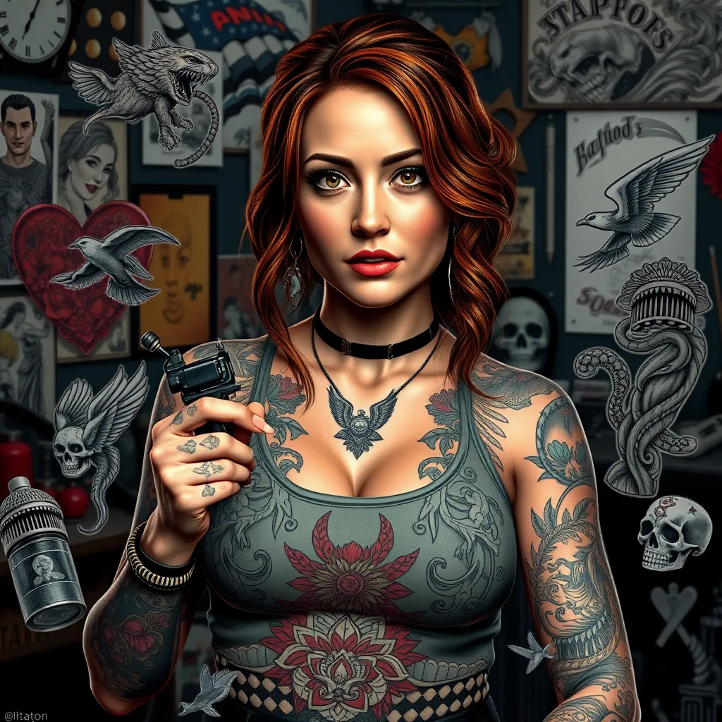 A photorealistic image of Lucy Parker with a tattoo machine in one hand, surrounded by various tattoo designs in different styles: American Traditional, Neo Traditional, New School, Black and Grey, Realism, and Japanese. The background should be a vibrant tattoo studio environment with tattoo equipment and artwork.