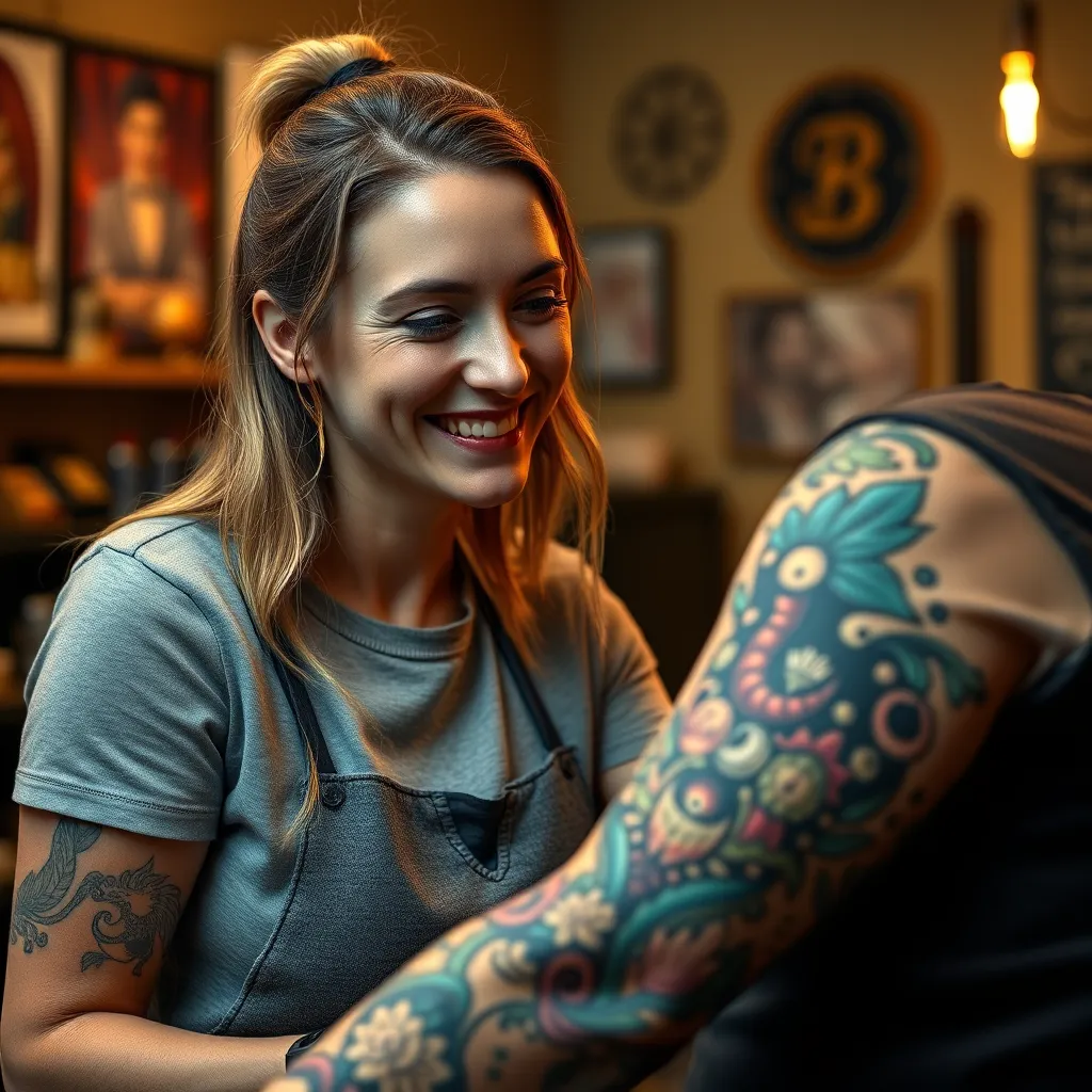 A photorealistic image of Lucy Parker, smiling and looking at a completed tattoo on a client's arm. The tattoo should be a vibrant and intricate design showcasing Lucy's skill and creativity. The background should be a warm and inviting studio atmosphere.