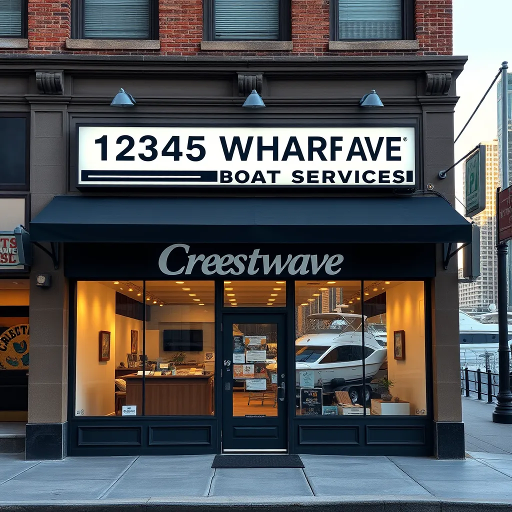 A photorealistic image of the storefront at 12345 Wharf Avenue in Chicago, showcasing a well-maintained building exterior, with clear signage for Crestwave Boat Services, surrounded by scenic views of the Chicago waterfront and boats in the background.