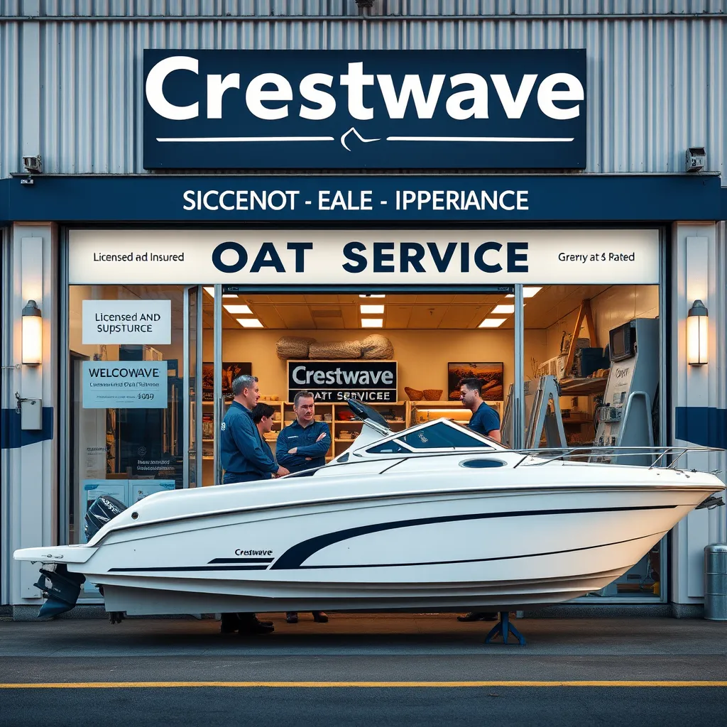 A photorealistic image of the Crestwave Boat Services storefront, showcasing a professional and welcoming environment. Include a visible 'Licensed and Insured' sign, with a team of technicians discussing projects in front of a well-maintained boat, conveying trust and experience.