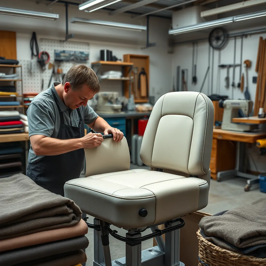 A photorealistic image showcasing a skilled technician expertly upholstering a boat seat, surrounded by various upholstery materials such as Marine Vinyl, Sunbrella, and GORE-TEX thread. The background features a clean, organized workshop with tools and sewing machines.
