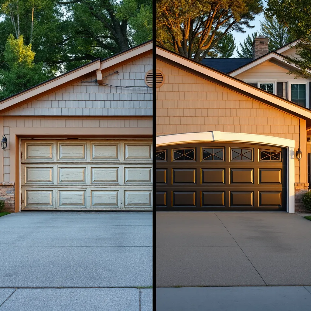 A photorealistic image showing a side-by-side transformation of a home with a worn-out garage door on the left and a modern, stylish garage door installed on the right. The background should include a suburban setting with grass, trees, and an appealing house facade.