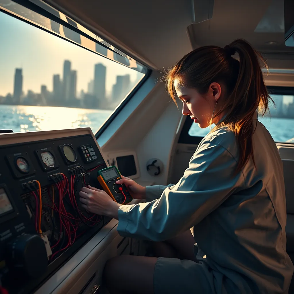 A photorealistic scene featuring a marine technician troubleshooting an electrical system on a luxurious yacht. The technician, a young woman with brown hair tied in a ponytail, is crouched near the boat’s control panel, using a multimeter. Dramatic side lighting creates dynamic shadows, emphasizing her focused expression and the array of wires and electrical components. The color palette leans towards rich navy blues and warm whites, creating an inviting yet sophisticated atmosphere. Shot from a slightly elevated perspective, the composition captures the intricate details of the panel alongside the shimmering reflection of water through the yacht’s windows. Background elements include a view of the lake and looming city skyline, showcasing Chicago's vibrant marine scene. Style references include elements of fine art photography with an emphasis on texture and detail. The image should be ultra-detailed, rendered in 8K resolution.