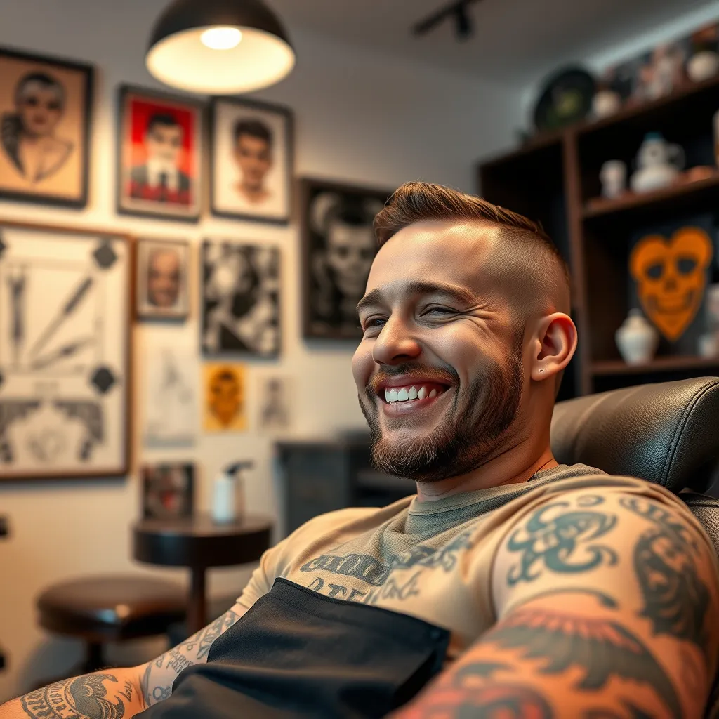 A portrait of a smiling client looking relaxed and satisfied after receiving a tattoo. The client is in a comfortable chair in a modern, well-lit tattoo studio, surrounded by artwork and tattoo designs. The image conveys a sense of trust and confidence.