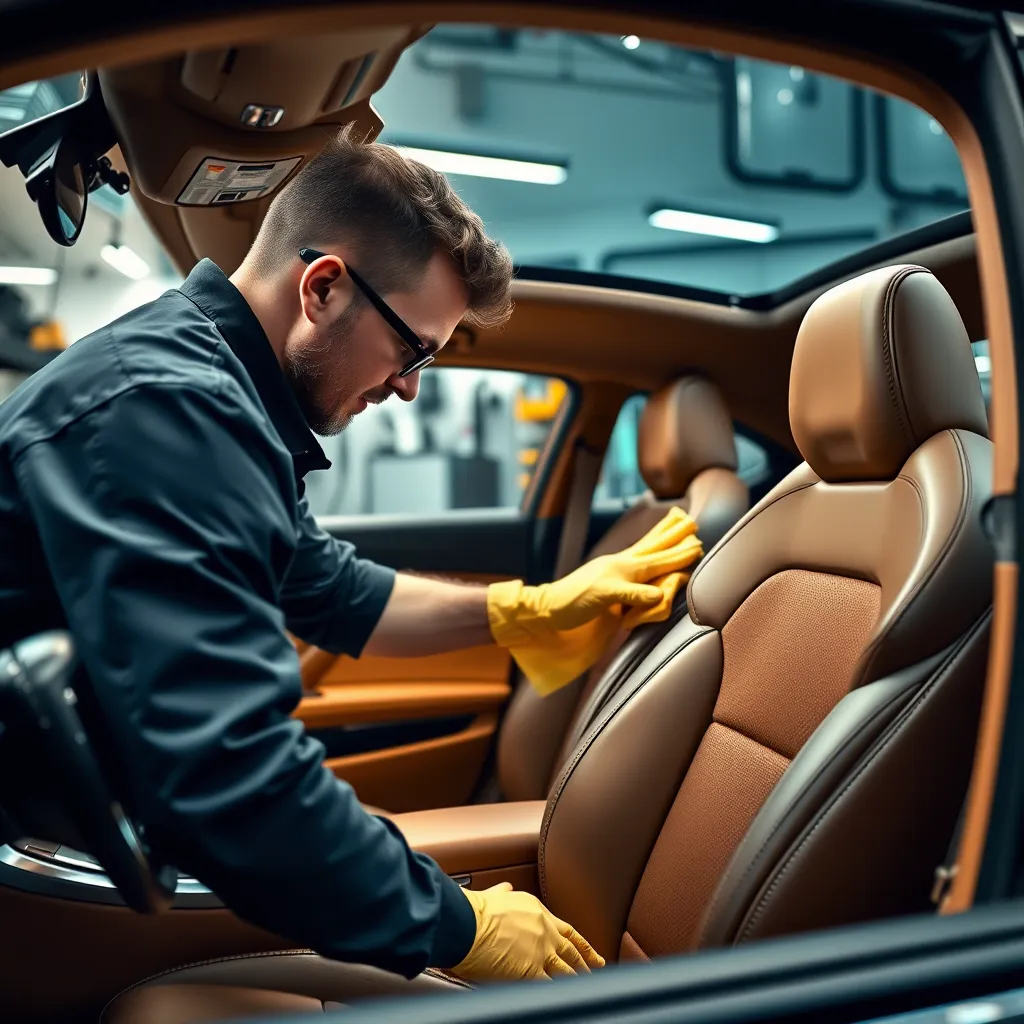 A professional car detailer meticulously cleaning the interior of a luxury car, focusing on the leather seats and dashboard. The background should be a clean and well-lit detailing shop with professional equipment.