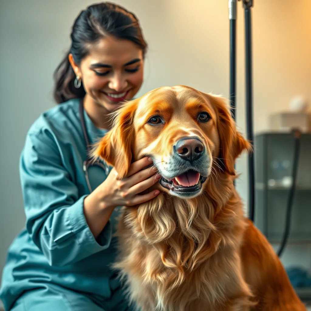 A professional dog groomer gently grooming a golden retriever in a serene setting. The groomer is smiling and the dog looks relaxed, surrounded by soothing colors like soft blues and greens, symbolizing a calm environment.