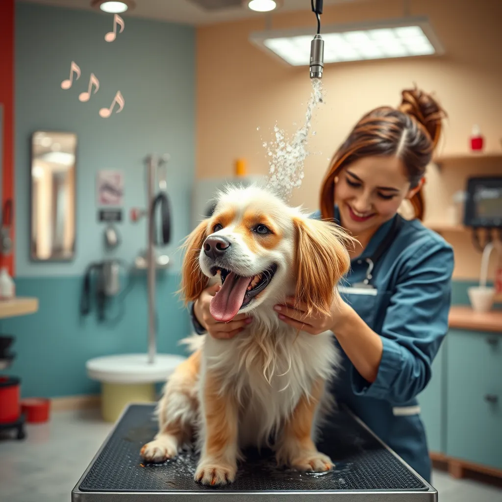 A professional dog groomer gently washing a happy dog in a bright, modern grooming salon. The room has colorful walls, relaxing music notes floating in the air, and various grooming tools neatly arranged. Soft lighting enhances the serene atmosphere.