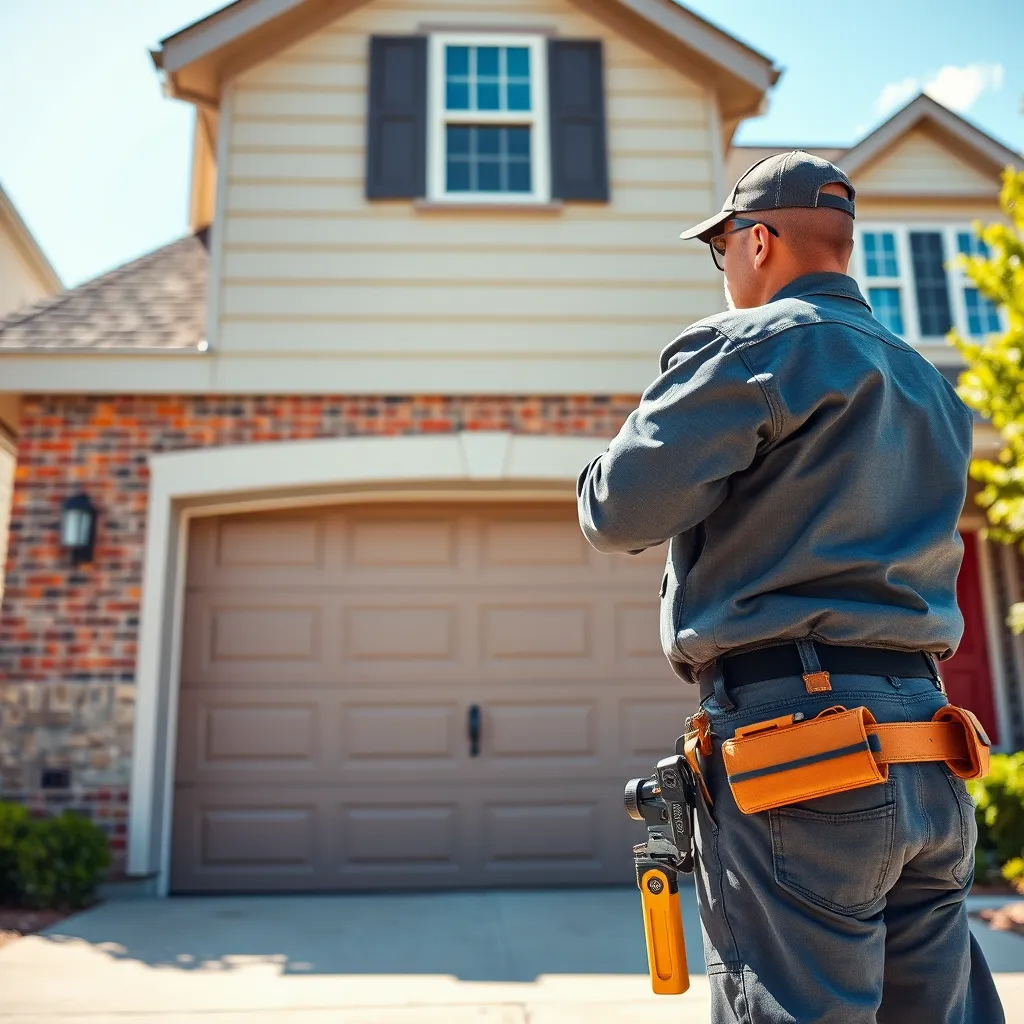 A professional garage door technician in uniform installing a new garage door with tools at hand. The scene captures a suburban Chicago home, showcasing a modern garage door model, with bright daylight illuminating the surroundings and a welcoming neighborhood vibe.
