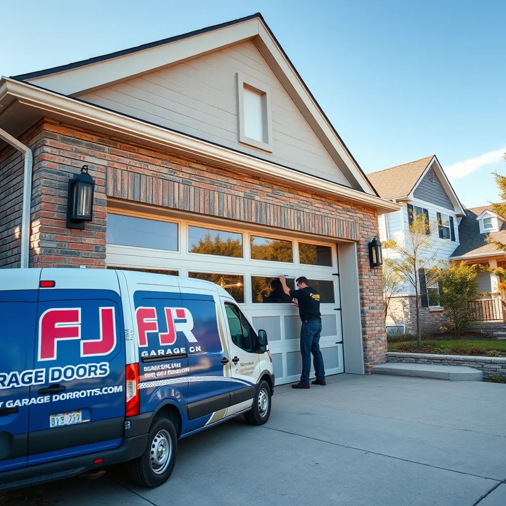 A professional garage door technician working on a modern garage door installation in a suburban Chicago neighborhood, showcasing the FJR Garage Doors logo prominently on the van parked nearby, with a bright sunny day atmosphere.