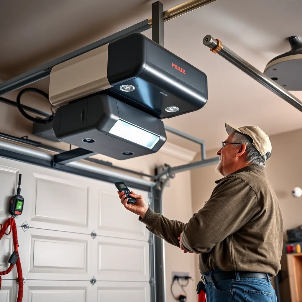 A professional installing a garage door opener with remote controls in a residential garage, focusing on the equipment, with a friendly interaction between the technician and the homeowner.