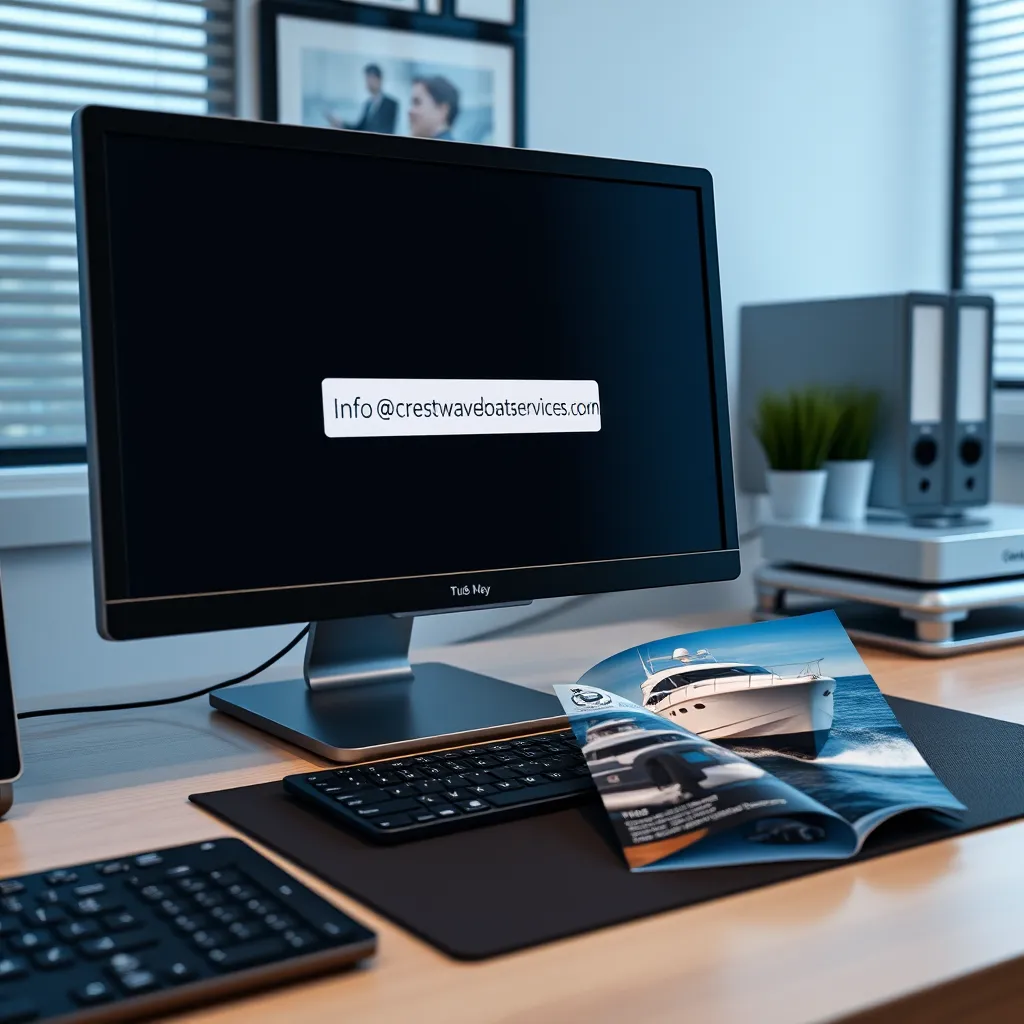 A professional office setup showing a clean desk with a desktop computer displaying the email inbox of info@crestwaveboatservices.com. Next to the computer, a boat detailing brochure is placed, enhancing the related theme.