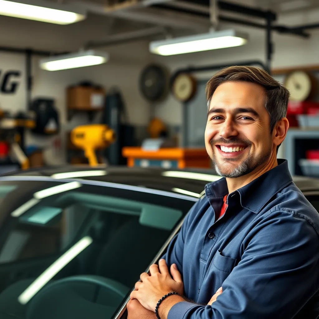 A professional photo of a customer smiling and satisfied with their freshly detailed car in the shop, highlighting our commitment to customer satisfaction. The background should be an organized auto detailing shop with various detailing equipment and tools visible. The image should convey a sense of trust and reliability.