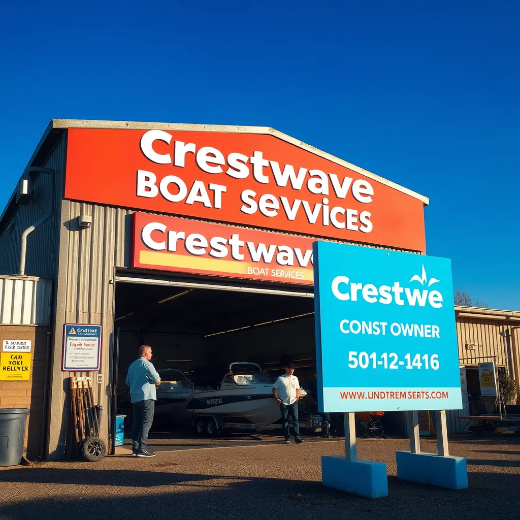 A professional setting featuring the Crestwave Boat Services sign outside a well-maintained workshop. Include a clear blue sky and customers talking to friendly staff, creating a welcoming environment for boat owners seeking repair services.