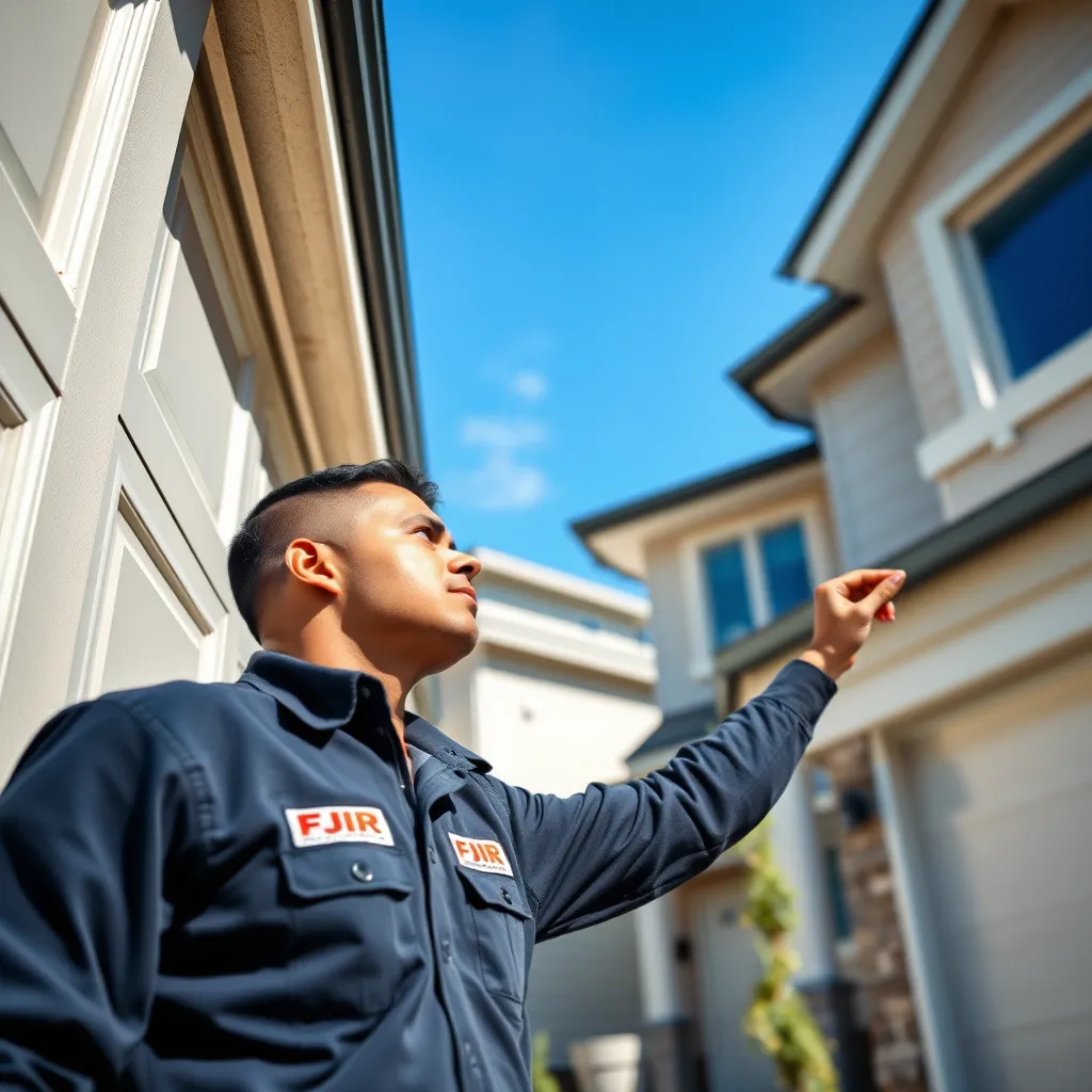 A professional technician from FJR Garage Doors assessing a residential garage door in Chicago. The scene features the technician wearing a branded uniform, checking the door's mechanism, with a modern home in the background. Bright daylight with clear blue skies, showcasing the urban environment.