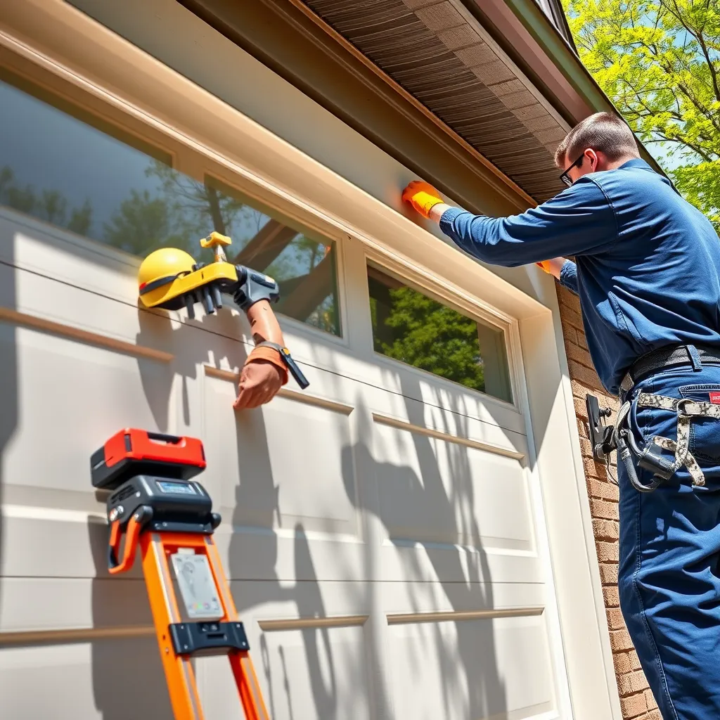 A professional technician installing a modern garage door on a suburban Chicago home. The image showcases tools and equipment used for installation, with a focus on the garage door's design, featuring a sleek finish and vibrant color. The setting is a sunny day, with trees visible in the background.