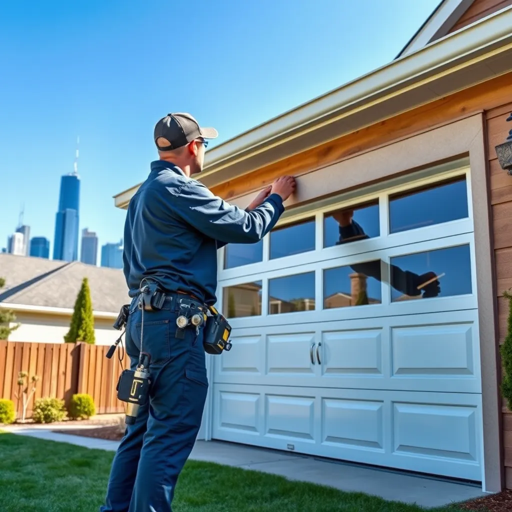 A professional technician installing a sleek modern garage door on a suburban Chicago home, showcasing tools and equipment with the Chicago skyline in the background, bright blue sky, and green lawn, capturing a sense of professionalism and quality service.