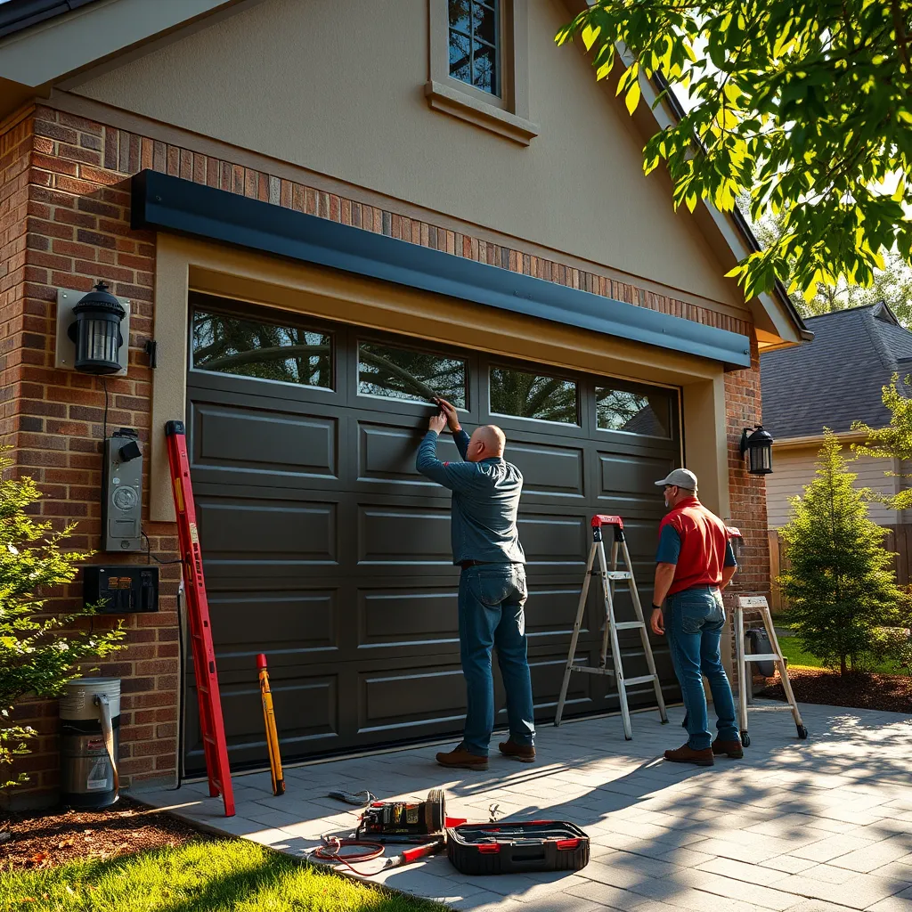 A professional technician installing a modern garage door in a suburban Chicago home, showcasing a team working together with tools and high-quality materials, a sunny day, and an appealing driveway setting.