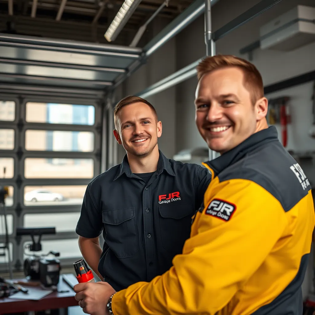 A professional technician performing a garage door installation, surrounded by tools and equipment in a modern garage setting. The technician is smiling, with a clearly visible FJR Garage Doors logo on their uniform, and Chicago skyline in the background.