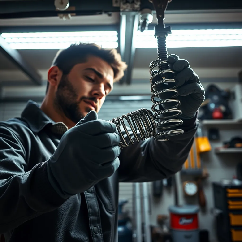 A professional technician skillfully repairing a garage door spring inside a well-lit garage. The focus is on the technician, showcasing their expertise in handling the intricate metal components. Dramatic side lighting accentuates the contours of the springs and tools, creating a dynamic and engaging visual. The color palette includes shades of gray and silver, reflecting the metallic nature of the springs. The camera angle is a close-up shot that captures the action of the repair process, with detailed textures of the tools and springs prominently displayed in ultra-high detail. The background features a neatly organized workspace, with various garage door components and tools, adding narrative elements to the scene. The overall mood conveys professionalism and reliability.