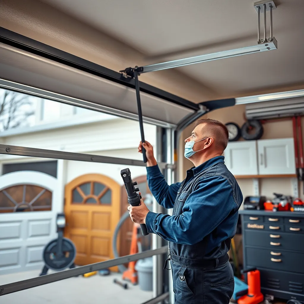A professional technician skillfully installing a modern garage door in a suburban Chicago home. The scene shows various types of garage doors in the background, with tools and equipment neatly arranged. The focus is on craftsmanship and attention to detail.