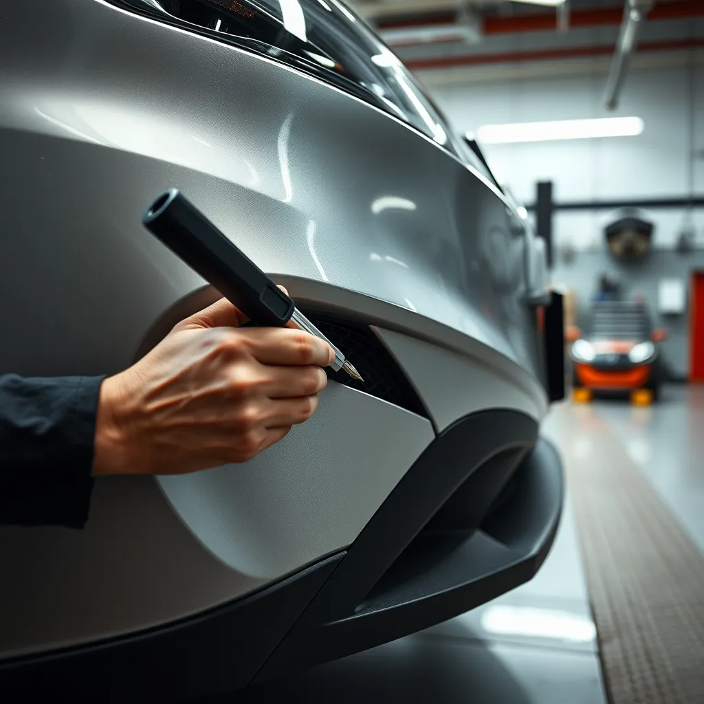 A professionally dressed technician in a clean, well-lit service bay repairing a car bumper, focused on the damaged area which is being skillfully fixed with precision tools. Soft diffused lighting casts a natural feel, highlighting the contours of the car with a glossy finish. The color palette features shades of metallic silver, glossy black, and tool accents in chrome. The camera angle is at a close-up, slightly elevated perspective that captures the technician's hands and the intricate details of the repair process. The car's surface is smooth, with a clean, polished texture, and the environment is an organized, modern auto shop with professional equipment in the background. The mood is efficient and professional, highlighting the high level of care and expertise. Rendered in 8K resolution, hyperrealistic, ultra-detailed.